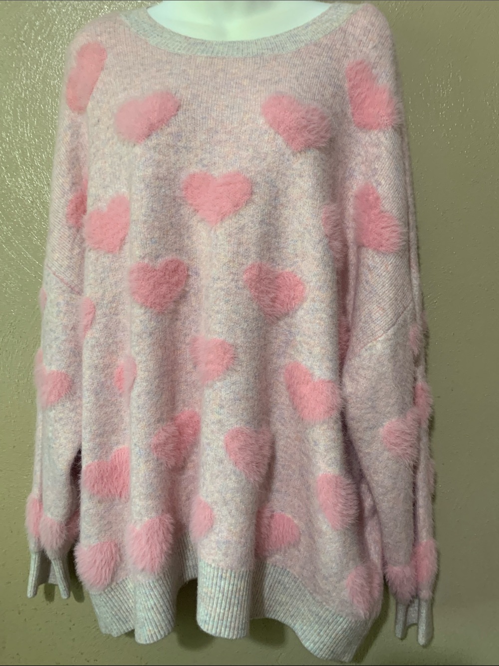 Zac & Rachel 2X Pink Heart Filled Crewneck Sweater NWT - Picture 2 of 5